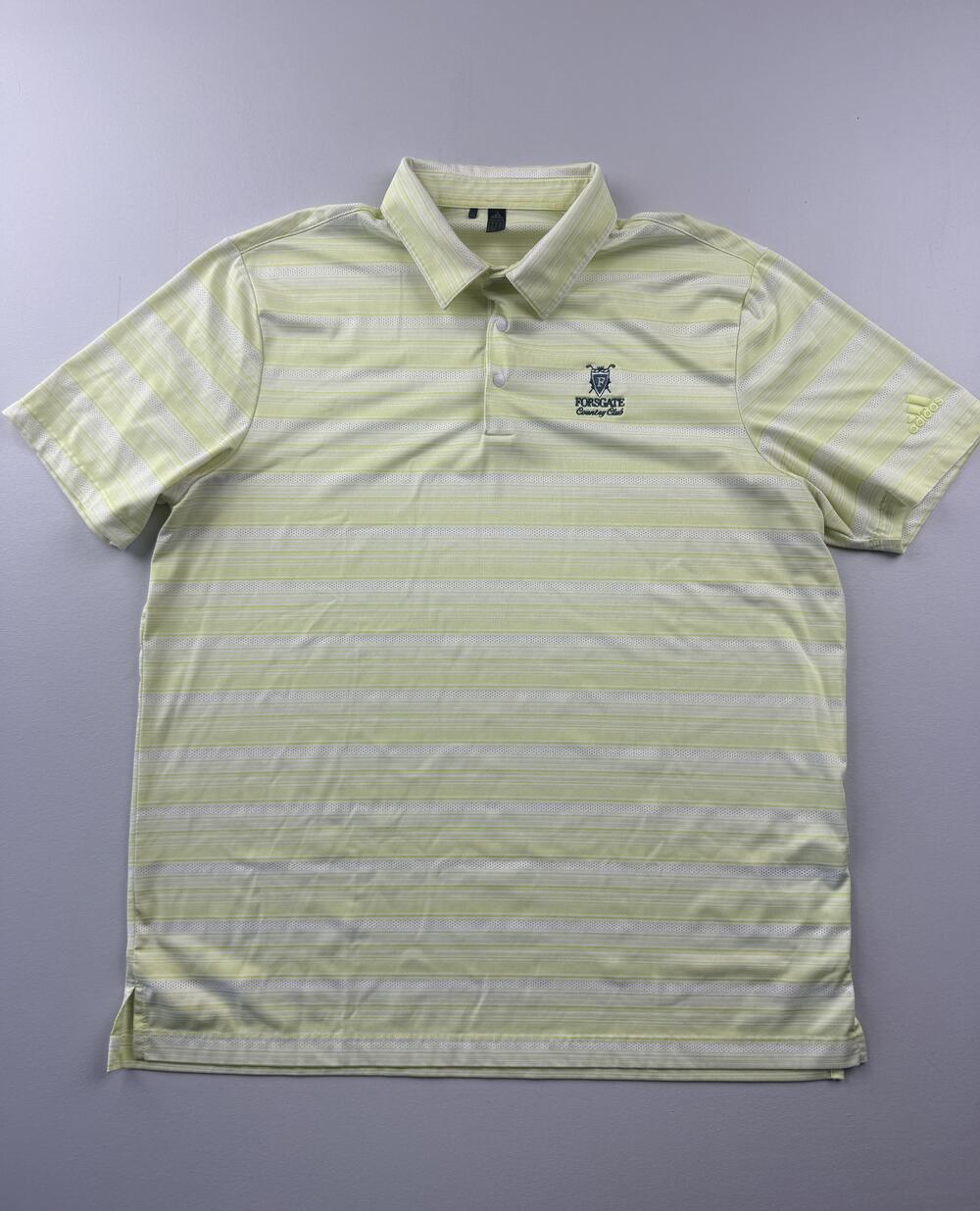 Adidas Primegreen Polo Shirt Mens XL Yellow Forsgate Country Club Striped Golf